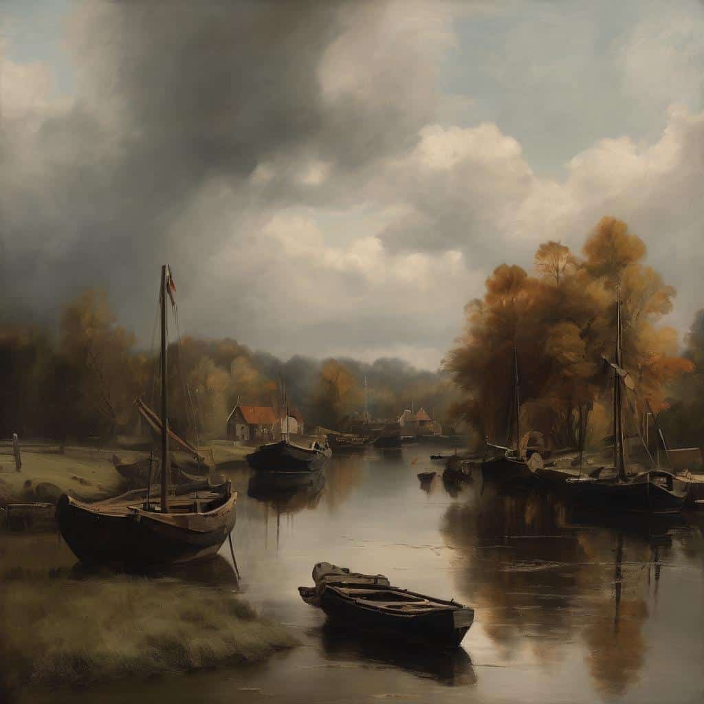 Ουράνιο τοπίο με πλοία σε ήσυχη ρεματιά, διακριτικά χρώματα, ελεύθερη μορφή και ρυθμό στην αφηρημένη ζωγραφική.